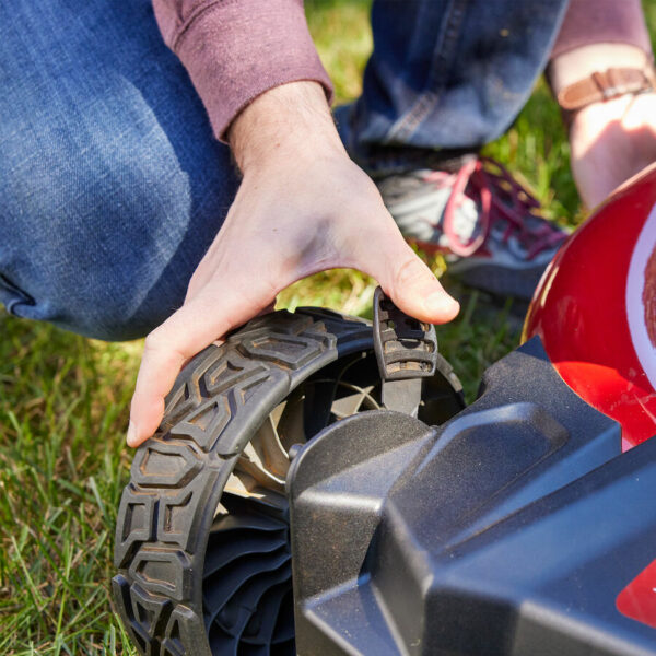 Self-Propelled mower with a 2-point height of cut that allows for quick deck adjusting to keep an even cut.